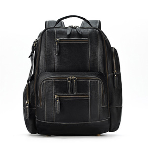 Men's Large Capacity <b>Backpack</b> Top-Grain Cowhide Laptop Bag Business Travel Shoulder <b>Straps</b> Solid Color Black - Product Image 5