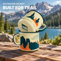 Mug Enamel Gunung yang Indah dengan Cawan Kopi Logam Berpinggiran Gulung Warna Navy untuk Hiking di Alam Liar, Perlengkapan Minum Api Unggun, Grosir