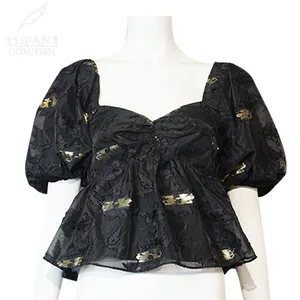 YuFan 사용자 정의 여름 새로운 여자의 짧은 퍼프 소매 주름 사각 칼라 쉬폰 셔츠 organza 인쇄 캐주얼 티셔츠