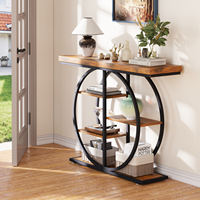 Table console noire avec plateau en bois rustique, base circulaire à 5 niveaux, table étroite pour entrée, couloir, salon, hall d'entrée, 41,3 pouces