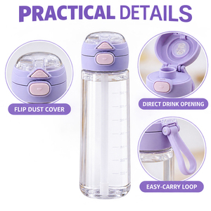 Bouteille d'eau double compartiment en PC transparent de 650 ml avec couvercle anti-poussière rabattable et boucle de transport pour usage quotidien - Product Image 2