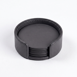 Ensemble de dessous-de-verre ronds en cuir PU avec support, faits à la main, imperméables, pour boissons, tasses à thé et café, couleur grise - Product Image 1