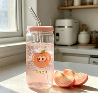 Gobelet en verre côtelé imprimé pêche avec couvercle rose, en borosilicate, avec paille en verre pour jus, lait, thé, café glacé