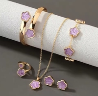 Juego de Joyería de 5 Piezas con Trébol de Cinco Hojas de Aleación de Zinc Chapado en Oro para Mujer, Pulsera, Collar, Pendientes, Anillo, Regalo de Boda