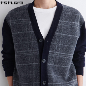 Cut And Sew Checked Wool V Neck <b>Cardigan</b> Men Charcoal Windowpane <b>Navy</b> Trim Streetwear Men'S Sweaters Manufacturers Bulk - Product Image 5