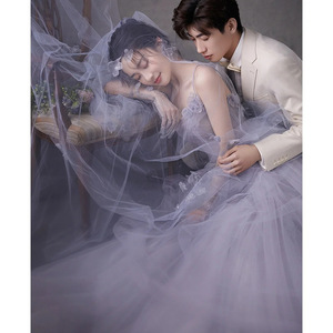 Purple Tulle Ball Gown Wedding Dress Halter Neck Empire Waistline Floral Print For Outdoor Photography - Product Image 4