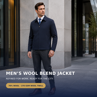 Jaket Eksekutif Pria Campuran Wol 70% Grosir, Jaket Bisnis Kasual 70% Wol, Ritsleting Depan, Navy Twill, Seragam Kantor OEM