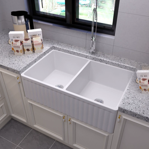 Tablier de cuisine américaine Évier en céramique semi-encastré Évier de cuisine moderne à double soufflage 33 ''pouces CUPC Farmhouse Évier de cuisine en céramique avec plateau - Product Image 3