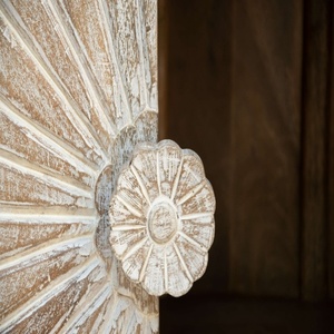 Hand-Carved Wooden <b>Sideboard</b> Cabinet with Floral Sunburst Design | Antique White <b>Storage</b> Console with Metal Base | Living Room - Product Image 5