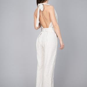 Mono de lino OEM de gran venta con espalda descubierta, mono de lino suelto, mono cruzado informal - Product Image 4