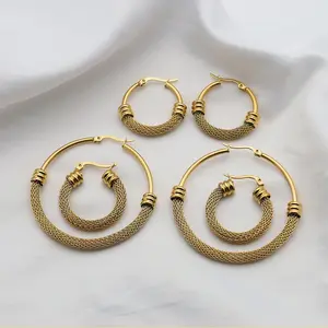 INS Jewelry Punk Circle Wire Earrings 18K Gold Plated Net Printing Big Round Stainless Steel Earrings for Women