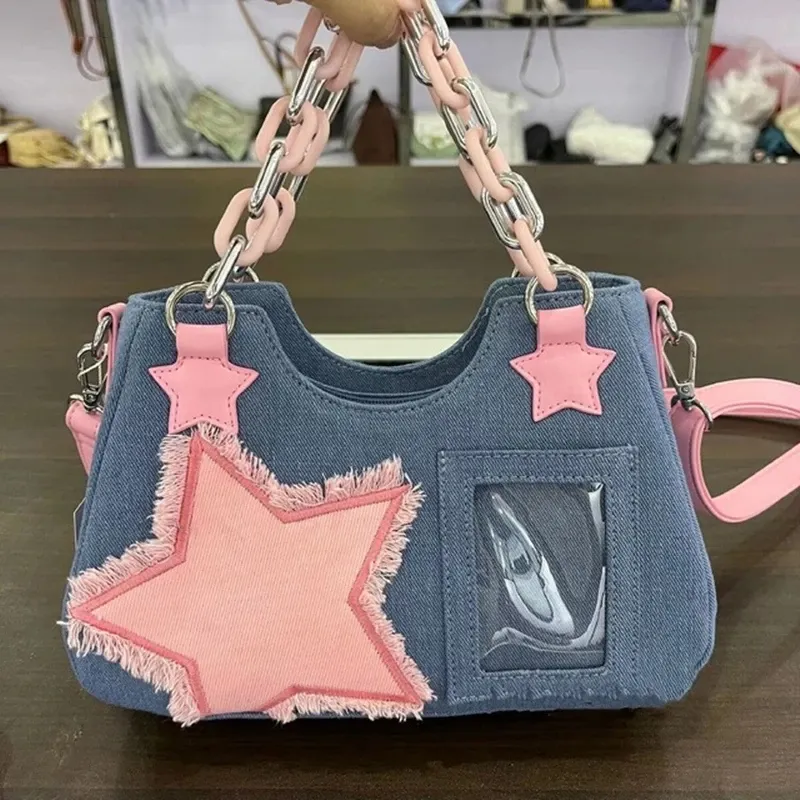 New Fashion Cool Dark Harajuku Style Denim Bag Pink Chain Women's Underarm Bag Purses Handbags