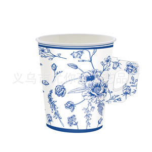Vasos de Papel con Asa de Porcelana Azul y Blanca China, Diseño de Orquídeas, Vajilla para Fiestas de Cumpleaños, Impresión Offset Redonda, Ecológicos - Product Image 1