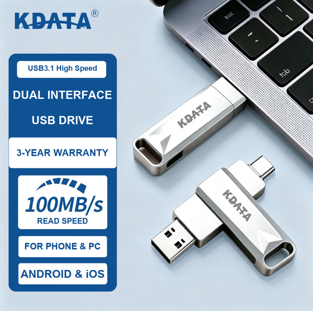 KDATA 8G 16G 32G 64G 128GB Matte Rotating USB 3.0 Flash Drive 2 in l Custom Type-c USB3.1 Pen Drive for Reliable Data Storage