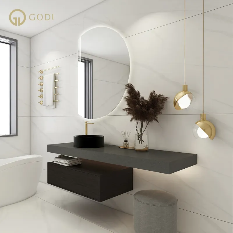 GODI european modern single sink rock slab stone wash basin with stainless steel hinge bathroom cabinet vanity light fixtures