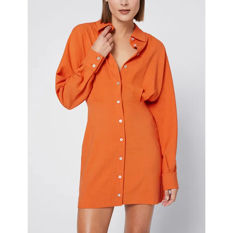 2024 turuncu seksi gömlek elbise uzun kollu elastik geri bel kabuk düğme kapatma Midi rahat elbise kadınlar