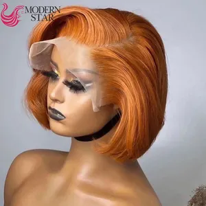 Atacado Indiano Virgem Gengibre Laranja Reta Curto Bob Cortar Peruca de Cabelo Humano 13x4 Transparente Lace Front Pixie Peruca Com Cabelo Do Bebê