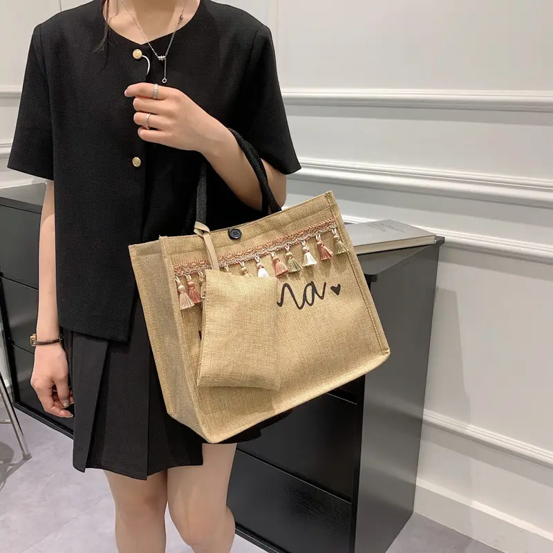 Bolso de moda 2024, bolso de hombro con borlas para mujer, bolso de mano de lino con letras personalizadas