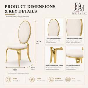 Silla de banquete ovalada de acero inoxidable dorado al por mayor con respaldo alto y tapicería con costuras en abanico para eventos de bodas y hoteles - Product Image 4