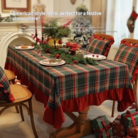 Nappe de Noël à carreaux rouge avec volants en forme de feuille de lotus, en polyester, pour table à manger, vente en gros OEM ODM