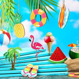 30pcs Summer Tree Ornaments Hawaiian Beach Slices Hanging Decorations Luau Party Wooden Wall Signs Box Decorations Summer Theme