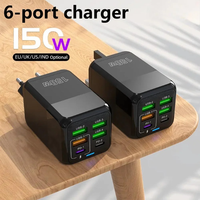 Adaptateur d'alimentation portable 150W avec 4 ports USB + 2 ports PD, charge rapide pour ordinateur portable et téléphone, 5V 2A, prises US/EU/UK