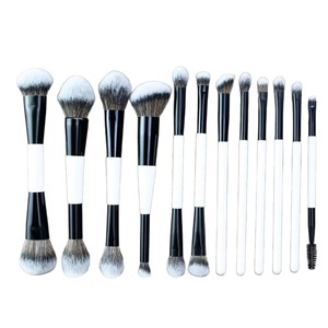 Ensemble de pinceaux de maquillage double tête en nylon avec manche en bois noir et blanc pour fond de teint, fard à joues, poudre et yeux - Product Image 5