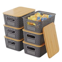 6 boîtes de rangement rectangulaires avec couvercle en bambou, empilables, pour salle de bain, cuisine, vêtements, chaussures