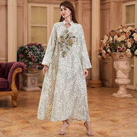 Abaya à col montant imprimé léopard avec broderie de paillettes, Kaftan de Dubaï, Robe longue musulmane