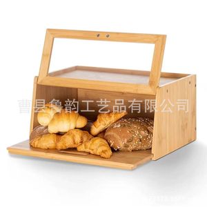 Wooden Bread <b>Storage</b> <b>Box</b> Double Layer With Glass Door Kitchen Organizer 15.73in Length Bamboo Bread <b>Box</b> - Product Image 2