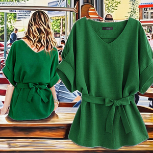 Nuove Bluse Estive da <span class=keywords><strong>Donna</strong></span> Aderenti Chic <span class=keywords><strong>in</strong></span> Chiffon Verde Tinta Unita Vintage a Maniche Corte con Fiocco Decorativo Traspiranti Stile Streetwear - Product Image 3