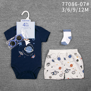 Nouvel ensemble de vêtements en coton simple 4 pièces pour bébés de 0 à 12 <span class=keywords><strong>mois</strong></span>, imprimé animal/floral, <span class=keywords><strong>short</strong></span>, barboteuse, pantalon avec chaussettes, été - Product Image 1
