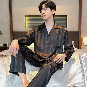 Piyama Pria Lengan Panjang Bahan Sutra Es Musim Semi Kerah Lapel Simpel Mewah Kasual Berkualitas Tinggi Setelan Dua Potong Baju Tidur - Product Image 4