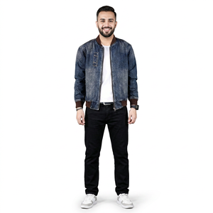 Veste décontractée pour hommes printemps automne col rond personnalisé 100% coton Vintage Patchwork Neck Denim Jacket - Product Image 1