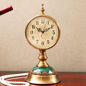 European Retro Style Desk <b>Clock</b> Circular Silent <b>Table</b> <b>Clock</b> For Living Room Decorative Standing <b>Clock</b> With Brass Base And Green - Product Image 2