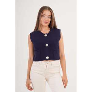 Chaleco de Punto Azul Marino para Mujer, Prenda Exterior Transpirable 100% Poliéster, Top Corto sin Mangas con Bolsillos - Product Image 4