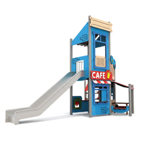 Aire de jeux extérieure pour enfants sur le thème du café, avec toboggan et trampoline |   Structure de jeu de plein air commerciale en panneaux HDPE pour l'école maternelle et les jeux de rôle