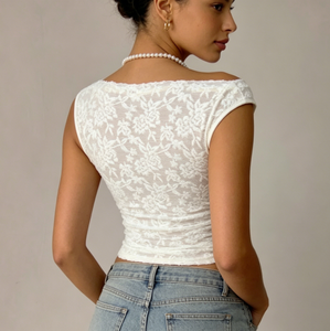 Top Corto Monospalla in Pizzo Floreale Bianco Personalizzato all'Ingrosso, <span class=keywords><strong>Blusa</strong></span> Sexy Trasparente in Rete da Donna, Abbigliamento Y2K da Club, Produttore OEM - Product Image 3