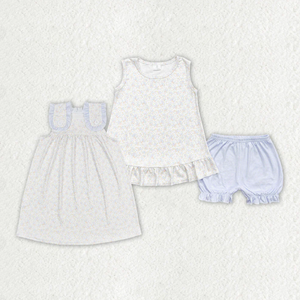 Light Blue Check Toddler Girl Soft Fabric Loungewear Floral Tank Dress Shorts Set - Product Image 1