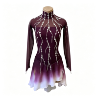 Robe de patinage artistique à col montant, dégradé violet vin avec strass, en tissu mesh pour compétition et spectacle sur glace (adultes et enfants)