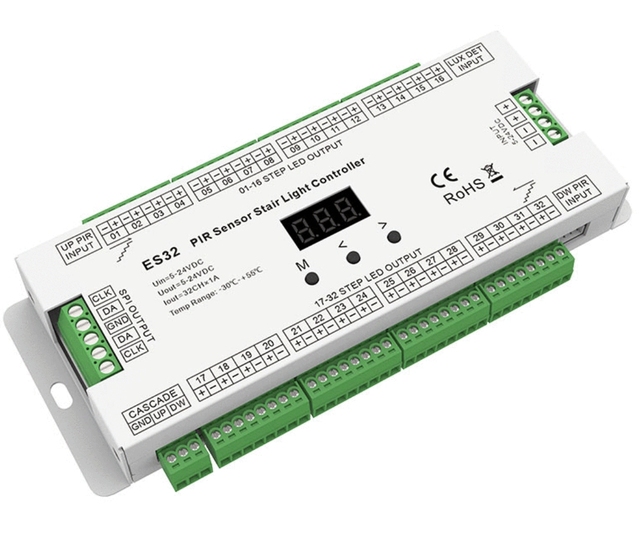 Skydance 5-24VDC 32CH*1A PIR Sensor Stair Light Controller ES32 OLED Daylight Sensor SPI IC RGB Constant Voltage Controller