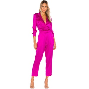 Fushia-<span class=keywords><strong>Mono</strong></span> de manga larga para mujer, traje de una pieza de satén de seda 100% - Product Image 1