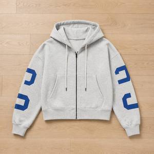 Sudaderas con capucha para hombre, personalizadas al por mayor, de algodón polar, estilo retro universitario, con aplique arqueado bordado, con cremallera y corte holgado - Product Image 3