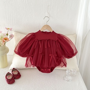 Abbigliamento per Neonati Stile Coreano, Tutina in Cotone e Rete per Primavera e Autunno, Vestito da Principessa Rosso per Bambine di Un Anno, Classe Guangdong - Product Image 2