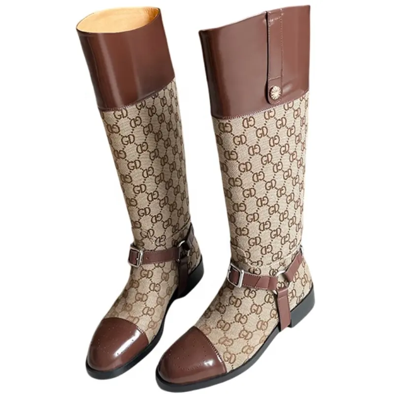 New Arrival Round Toe Square Heel Slip-On Patchwork Genuine Leather Knee High Boots Knight Boots For Women