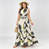 Robe longue décontractée pour femmes grandes tailles, style halter sans manches, imprimé feuilles, idéale pour les vacances, possibilité de personnalisation OEM