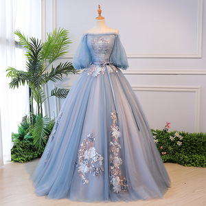 Elegant Off The Shoulder Evening Gown With 3D Flowers Puffy Skirt For Banquet Party Dress - Product Image 1