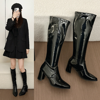 Botas Altas de Mujer hasta la Rodilla, de PU, con Punta Puntiaguda, Tacón Grueso, Estilo Slip-on, Elásticas, Largas, a la Moda, con Logotipo Personalizado, Ecológicas