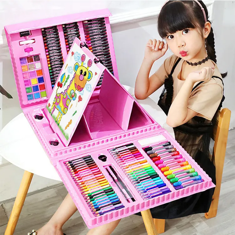 208PCS Education Graffiti DIY Stationery Set Water Color Paint Brush Colour Pencil Pen Crayon Art Drawing Toy with Drawing Board