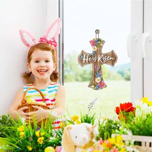 Bricolage personnalisé il est ressuscité signe de croix religieuse de Pâques pour décor de porte d'entrée, cintre de porte en bois chrétien pour porche extérieur extérieur - Product Image 5